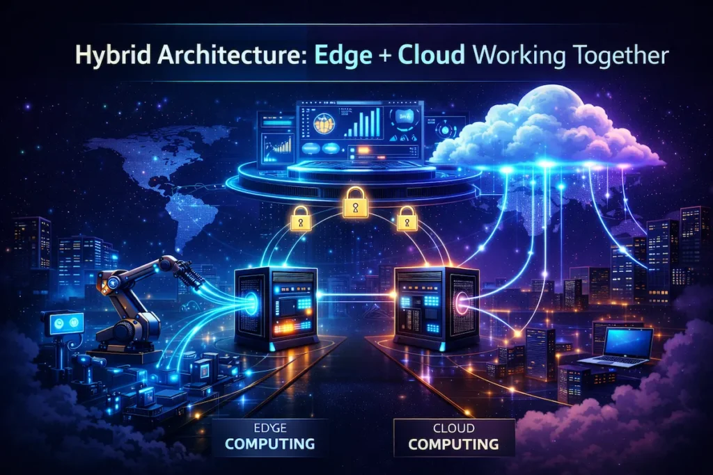 Hybrid architecture combining edge computing and cloud computing for real-time processing and centralized analytics.