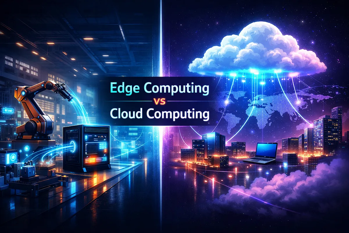 Edge computing vs cloud computing comparison showing local edge processing and centralized cloud infrastructure.