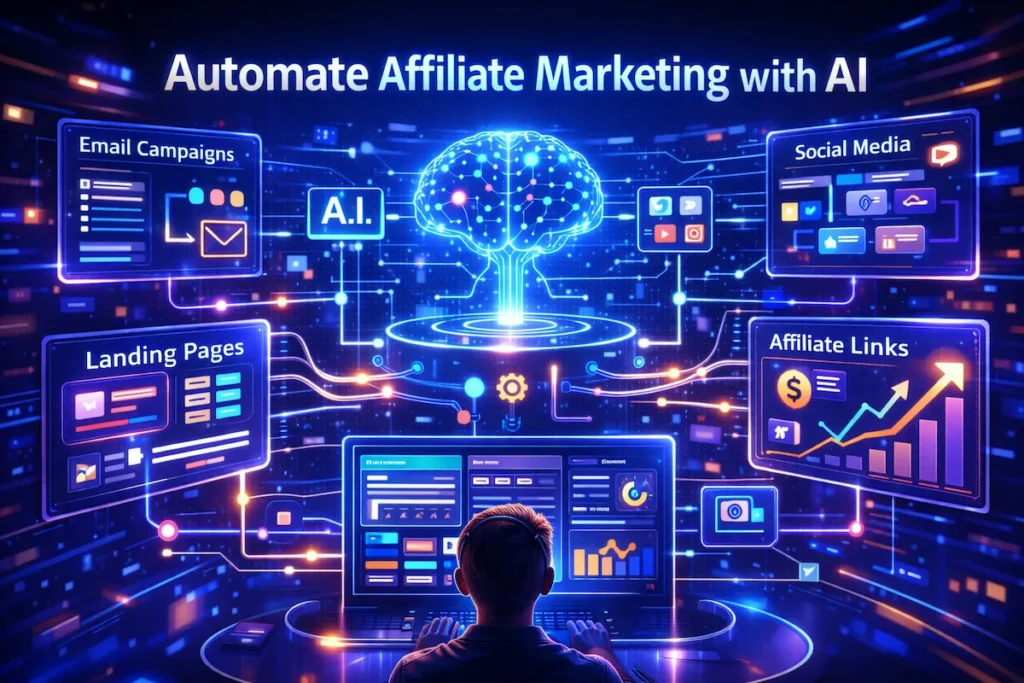 AI marketing automation system managing affiliate email campaigns, social media promotions, and digital marketing workflows.