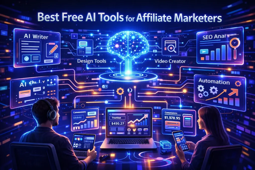Digital ecosystem showing multiple free AI tools connected to improve affiliate marketing productivity and conversions.