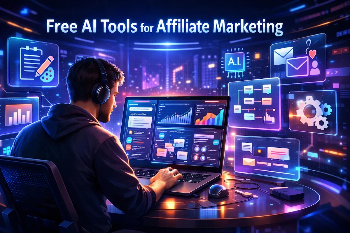 Free AI tools for affiliate marketing dashboard showing automated content creation, SEO analytics, and digital marketing workflows.