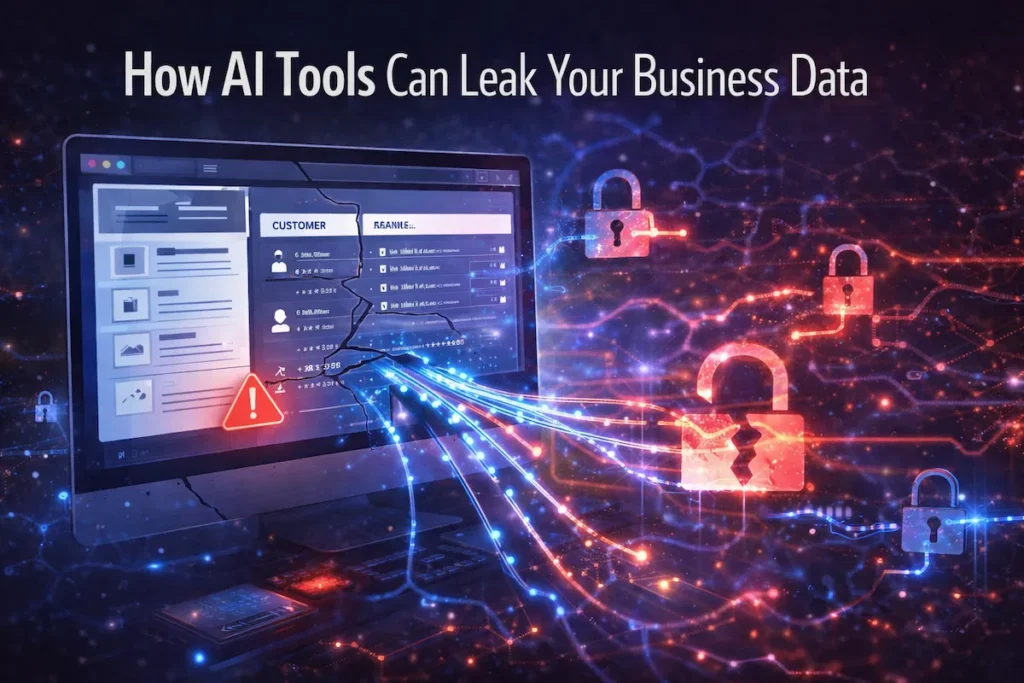AI data leakage illustration showing sensitive business data flowing out of AI tools