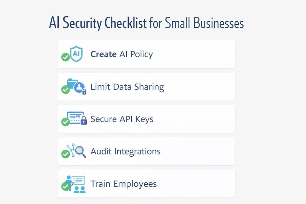 AI security checklist infographic for small businesses showing steps to reduce risks