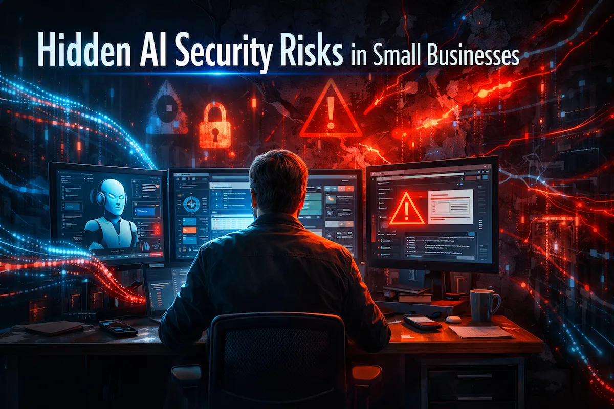 AI security risks for small businesses showing data leaks and hidden threats in AI tools