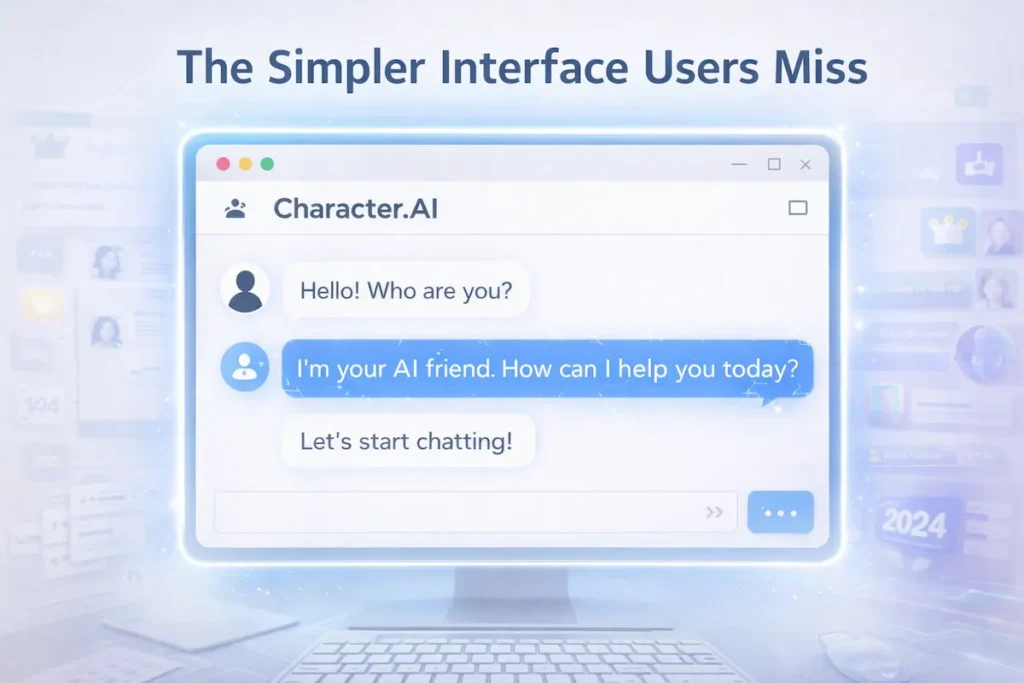 Minimalist illustration of the original old character ai interface with simple chat layout and no distractions.