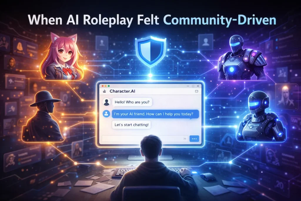 Digital illustration showing community-driven roleplay environment in old character ai with multiple AI characters connected.