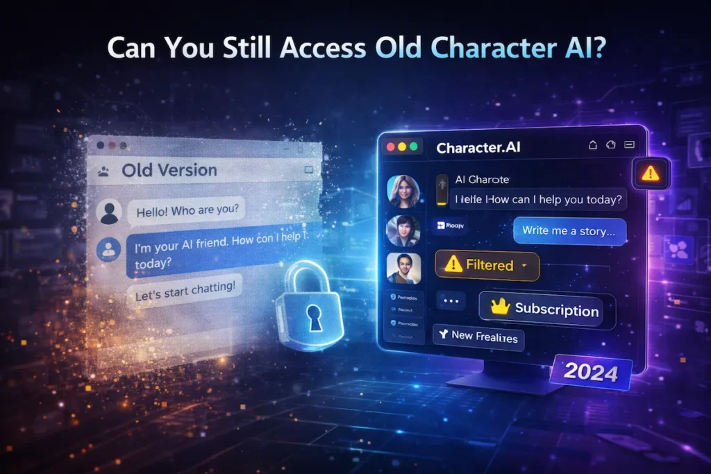 Conceptual image showing old character ai interface fading away while modern version remains accessible.