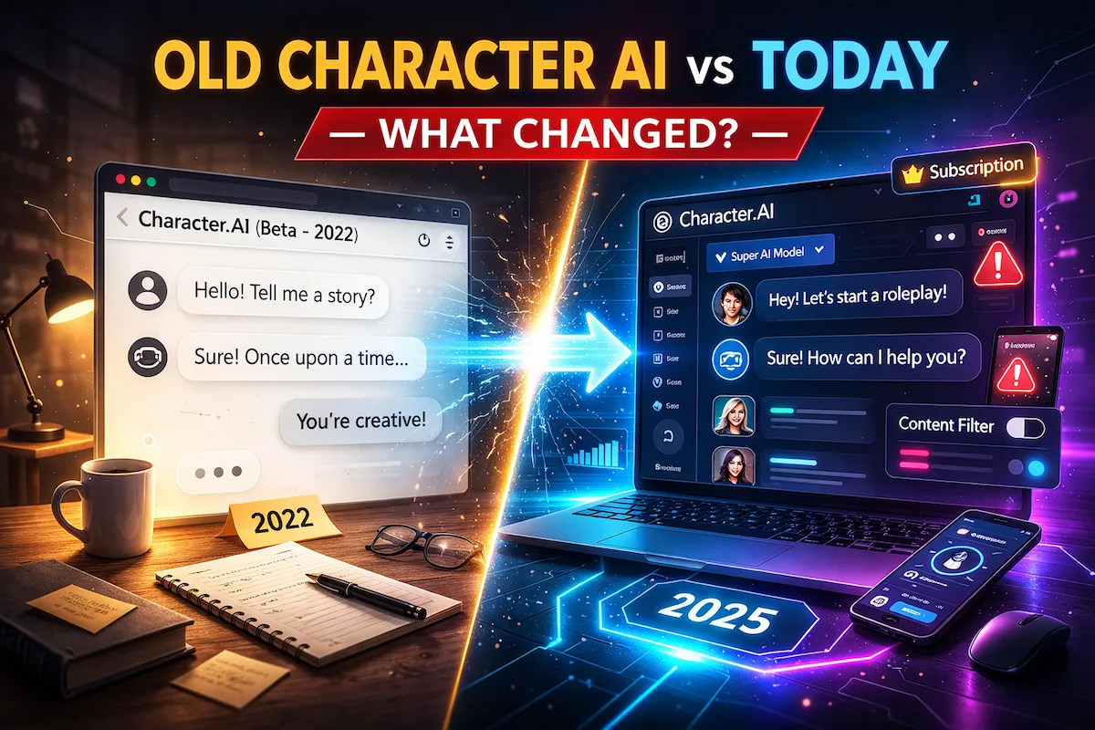 Split-screen digital illustration comparing the old character AI interface with the modern character AI version, showing evolution over time.