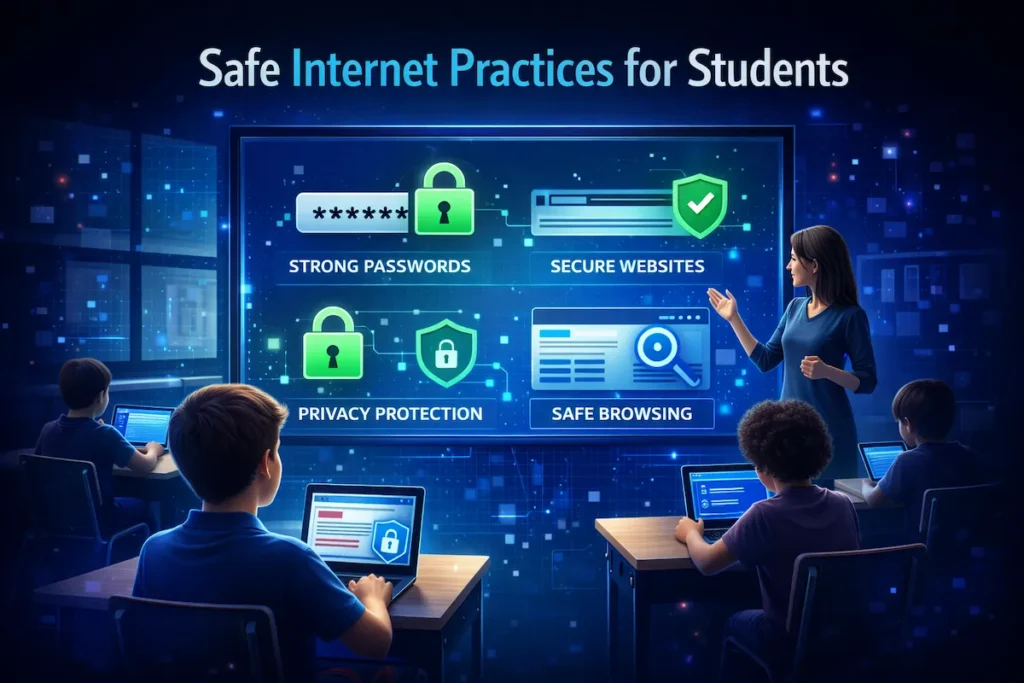 Students learning safe internet practices and cybersecurity habits in a digital classroom