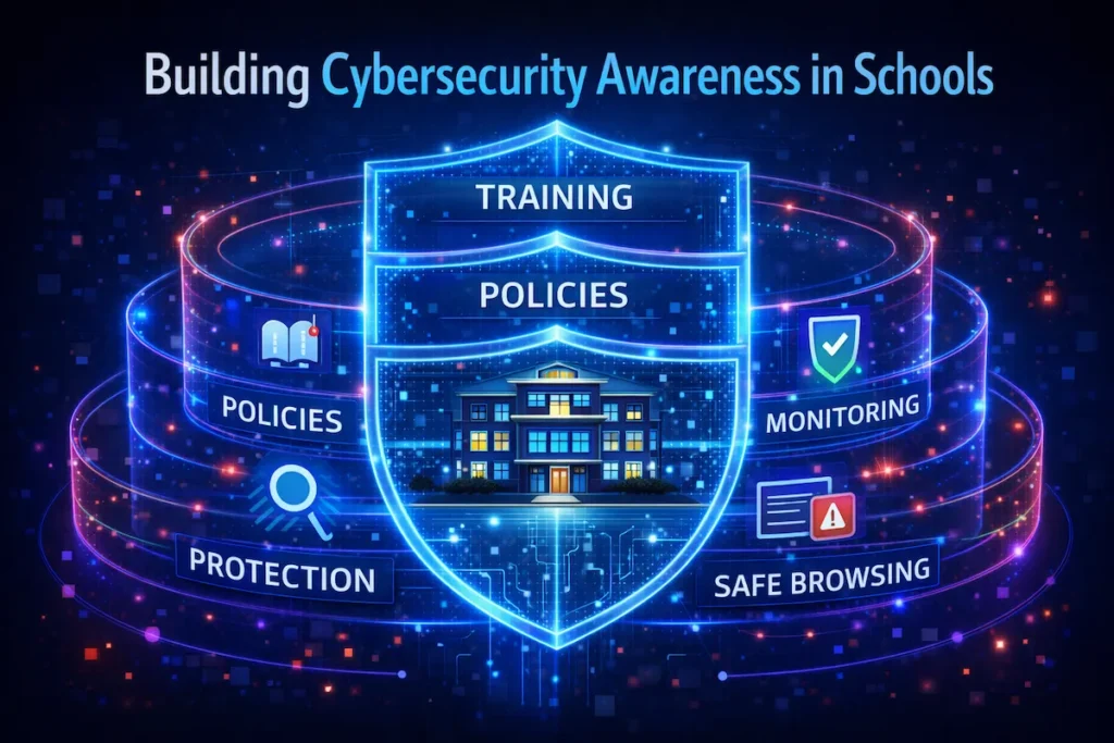 School cybersecurity awareness program protecting a digital school network