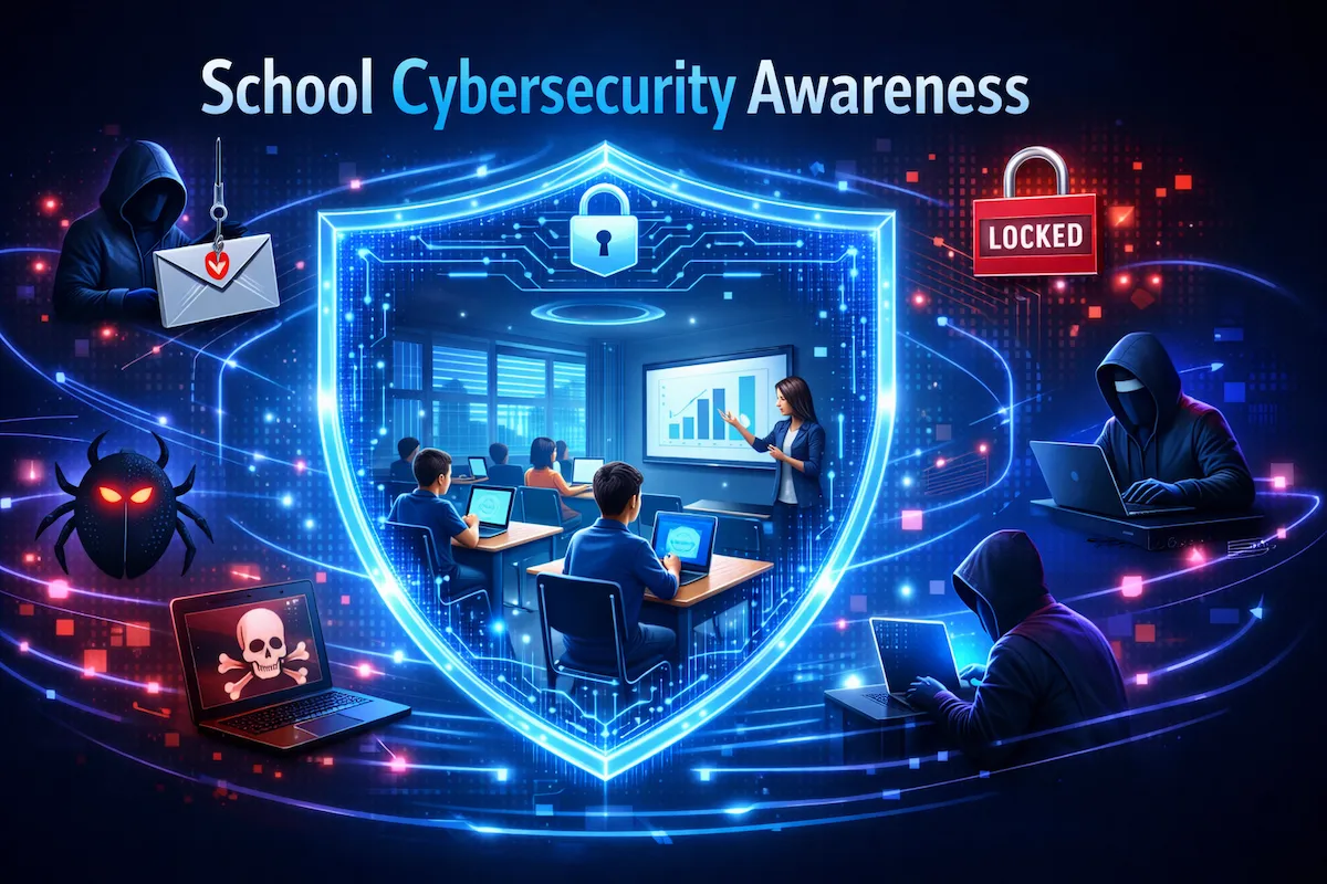 School cybersecurity awareness protecting students and teachers from online threats in a digital classroom