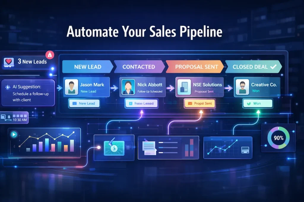 CRM sales pipeline automation dashboard with deal stages and automated tracking system