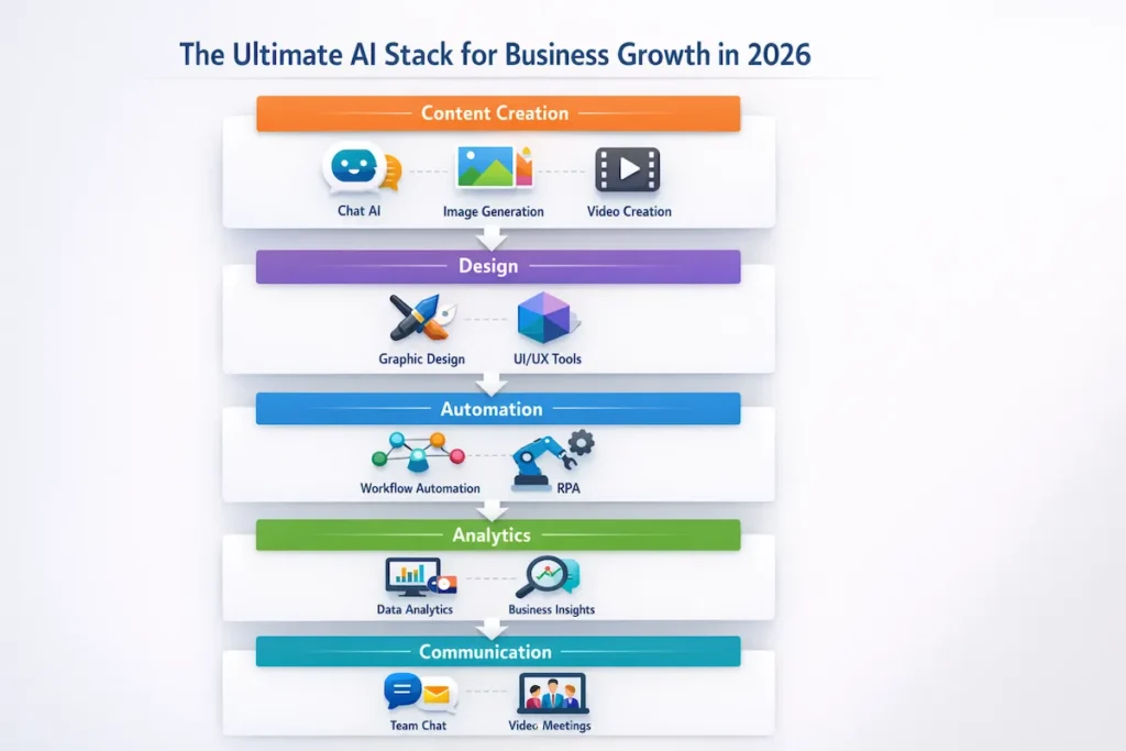 An infographic showing a complete AI tools stack for businesses including content creation, design, automation, analytics, and communication tools.
