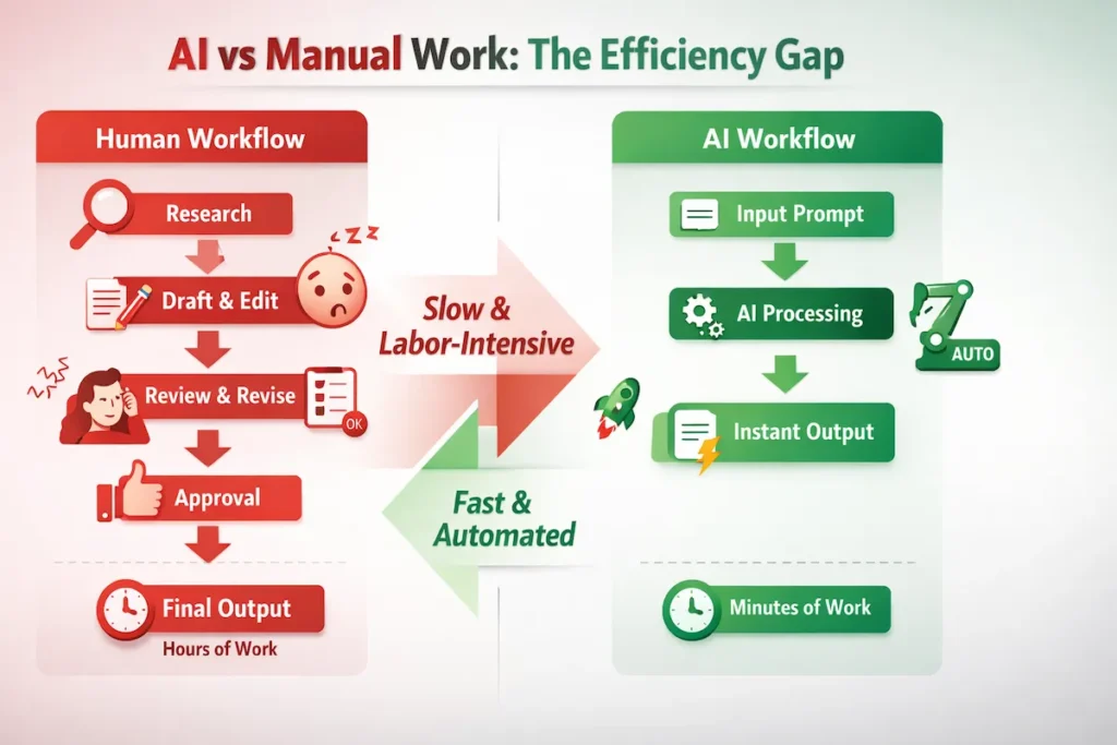 Workflow diagram showing automated marketing process using AI tools from lead capture to follow-up automation.
