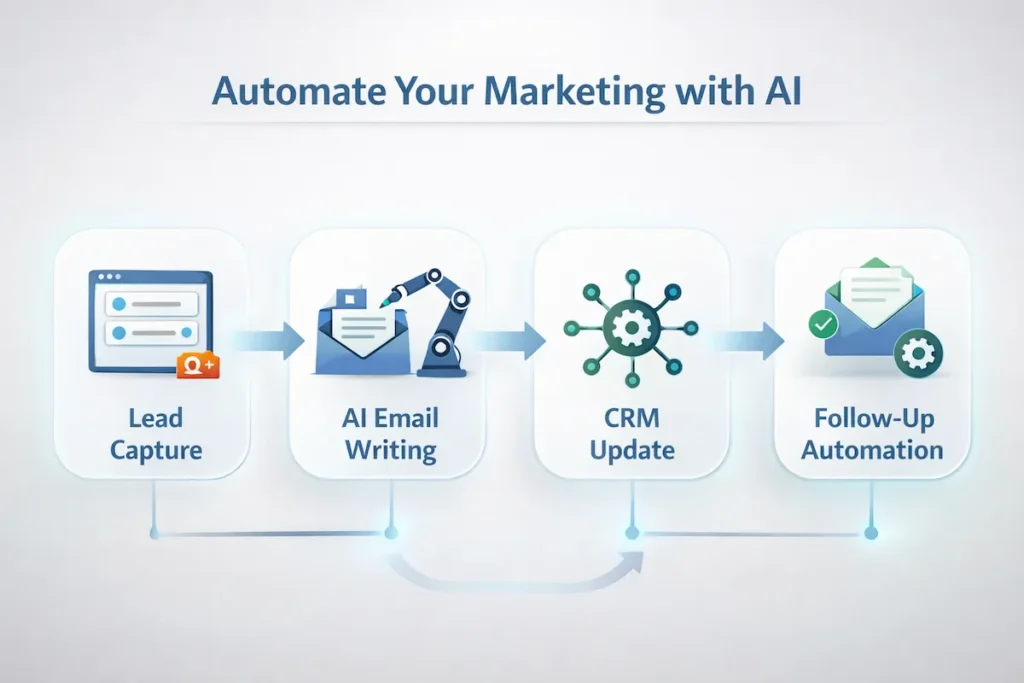 Workflow diagram showing automated marketing process using AI tools from lead capture to follow-up automation.