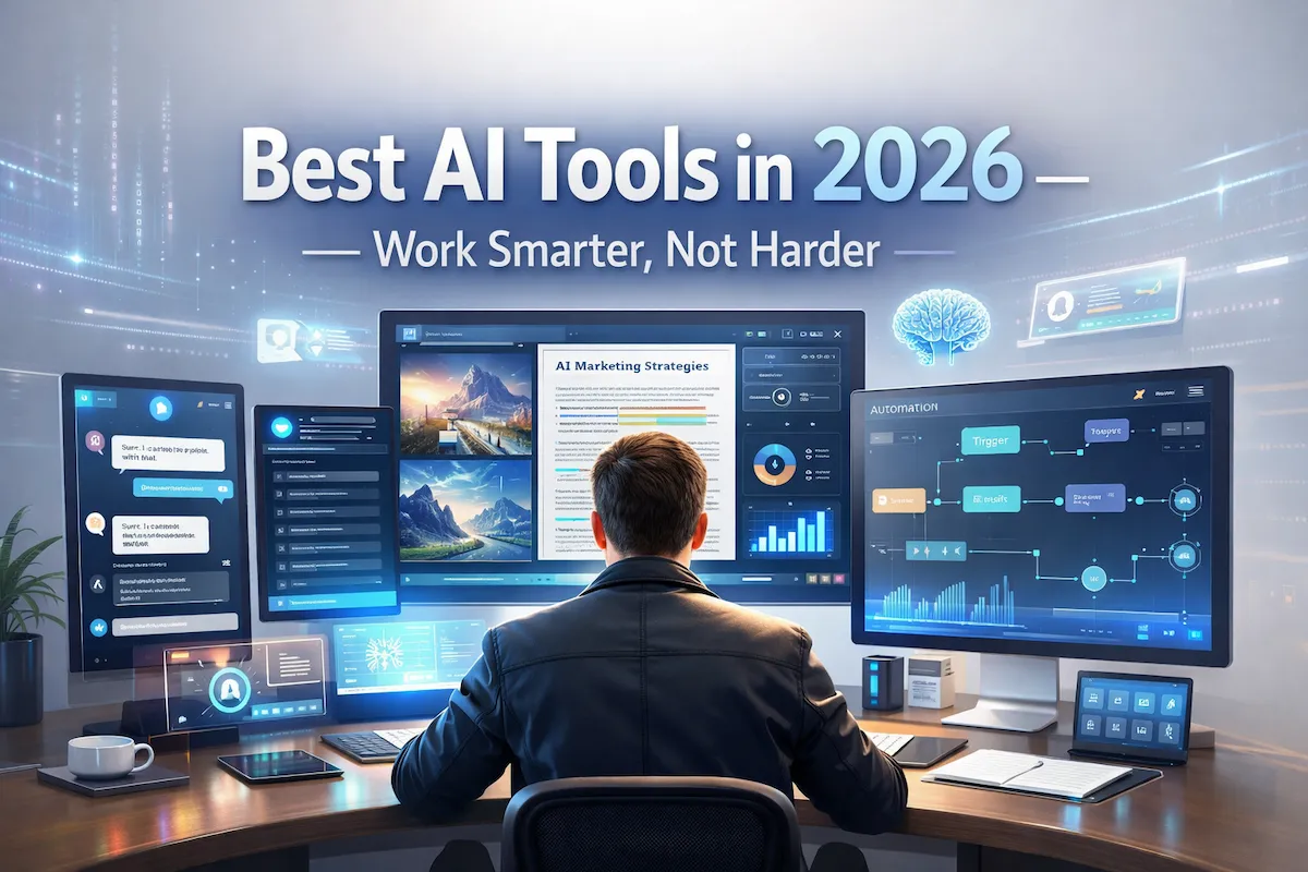 High-resolution futuristic workspace showing a professional using multiple AI tools for writing, automation, analytics, and design, representing best AI tools for businesses and creators in 2026.