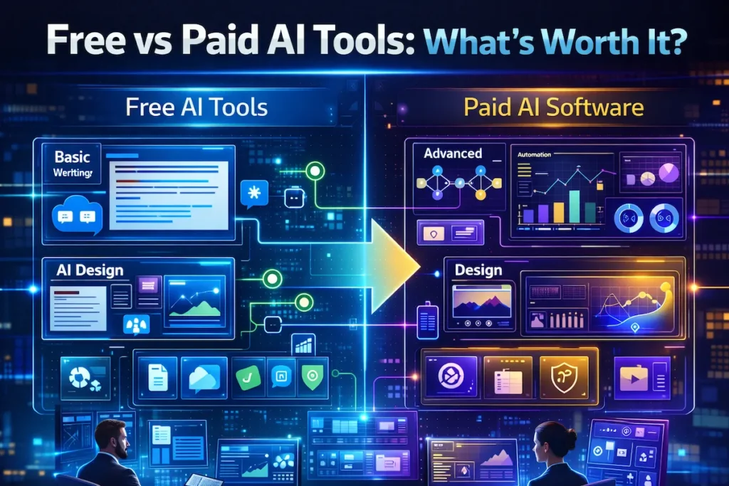 Free vs paid AI tools comparison infographic showing feature differences in AI software