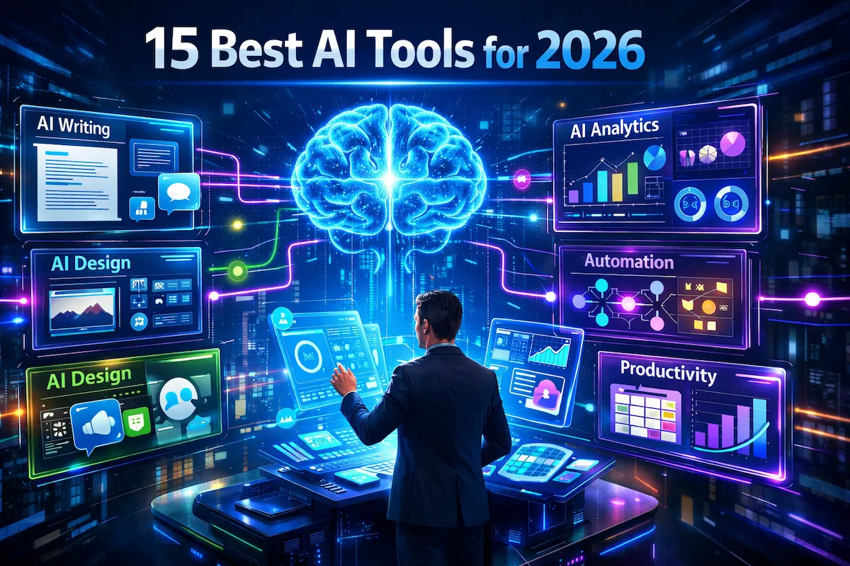 Best AI Tools for 2026 dashboard illustration showing AI productivity, automation, and analytics platforms