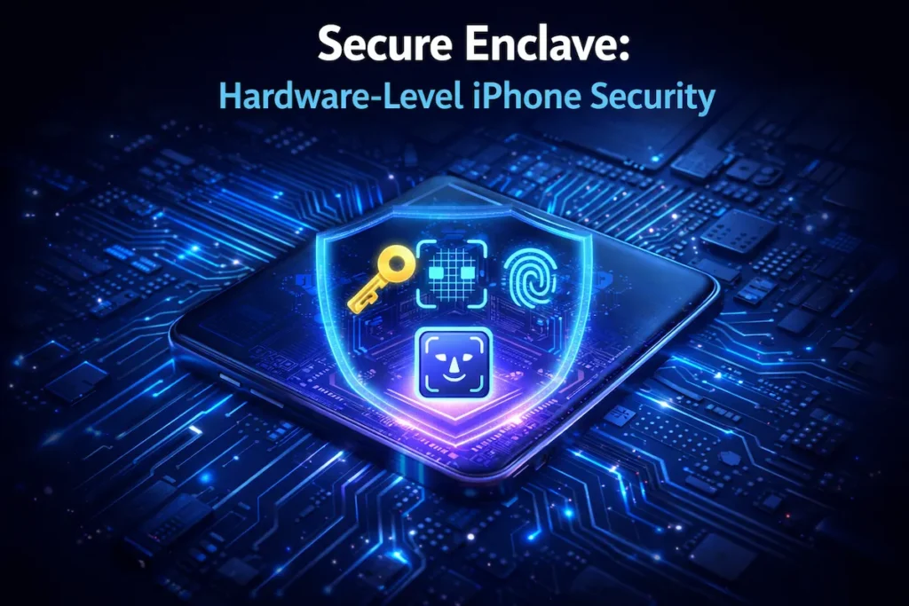 Secure Enclave iPhone chip illustration showing hardware encryption and biometric data protection inside Apple silicon.