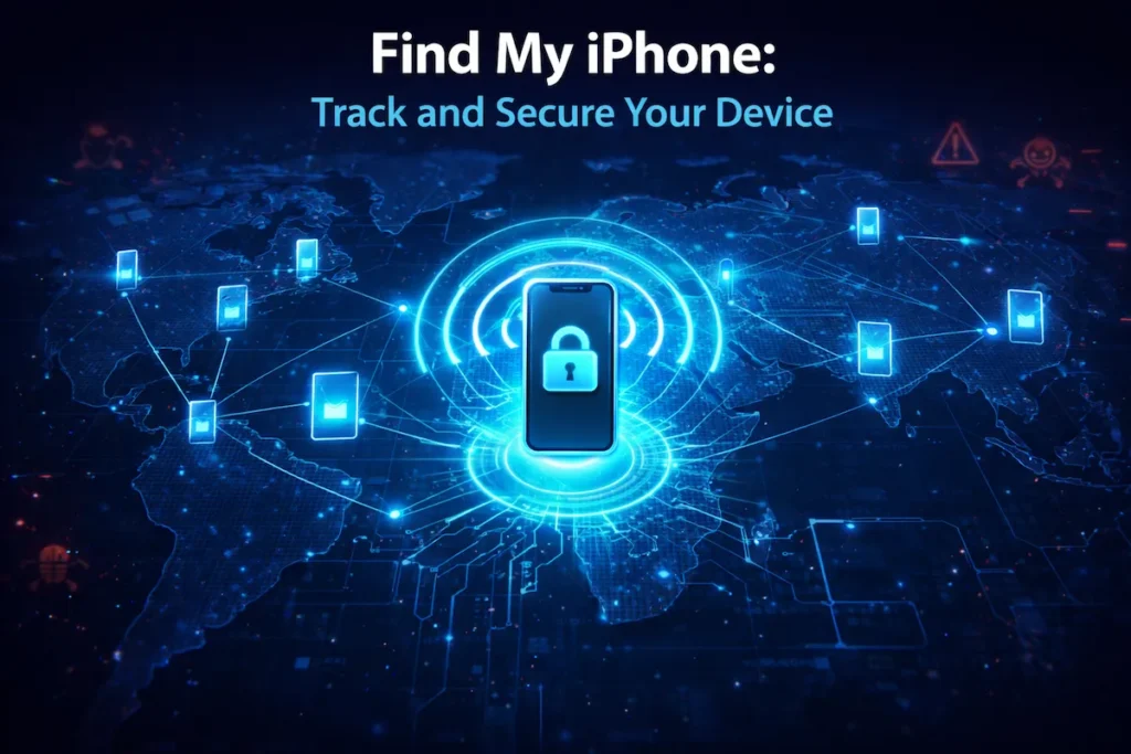 Find My iPhone security feature showing smartphone tracking on digital map with GPS signal and device lock protection.