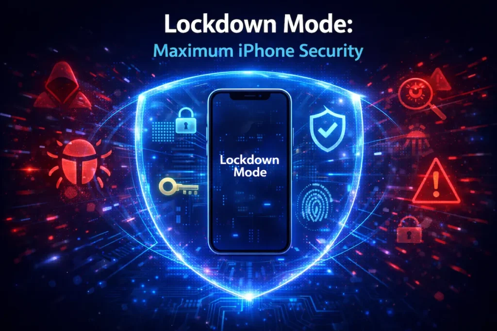 Lockdown Mode iPhone security feature blocking cyber attacks with a digital shield protecting the smartphone.