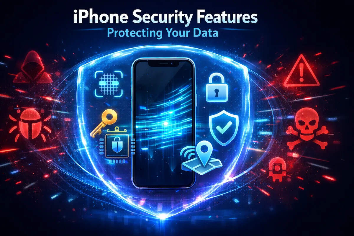 iPhone security feature illustration showing encryption shield, Face ID protection, and data privacy layers protecting a smartphone.