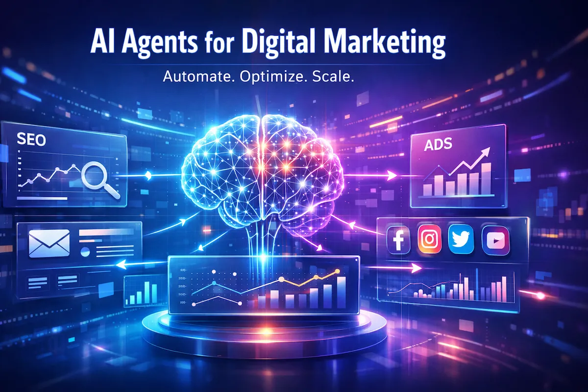 AI agents for digital marketing automating campaigns across SEO, email, ads, and analytics in a futuristic interface