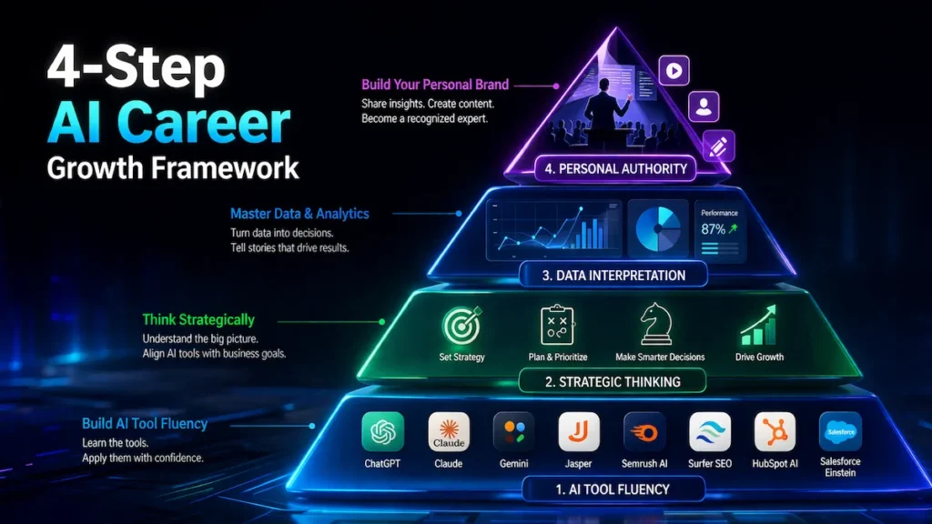AI career adaptation framework showing progression from tools to strategy to data to personal authority