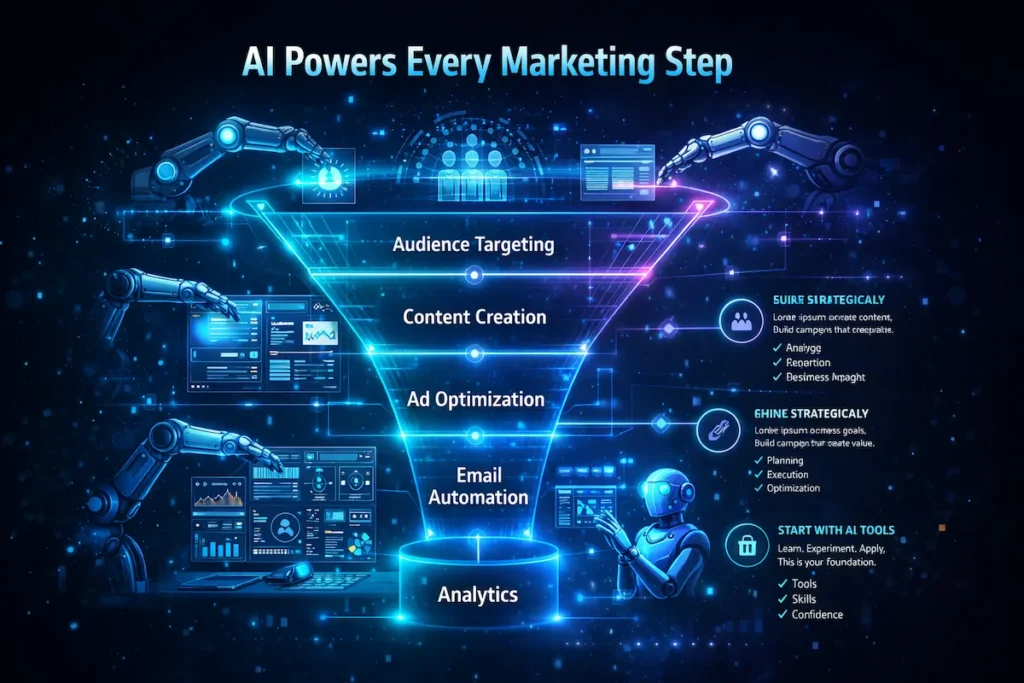 AI-driven digital marketing workflow showing automation across content, ads, email, and analytics