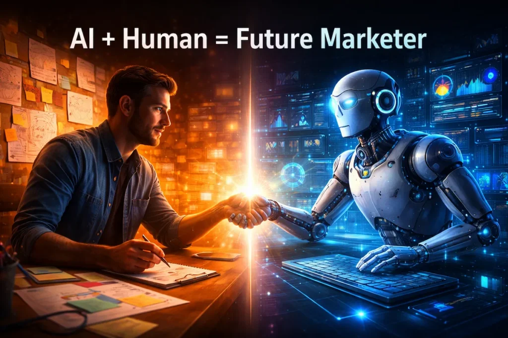 Comparison of human marketer creativity and AI automation working together in digital marketing