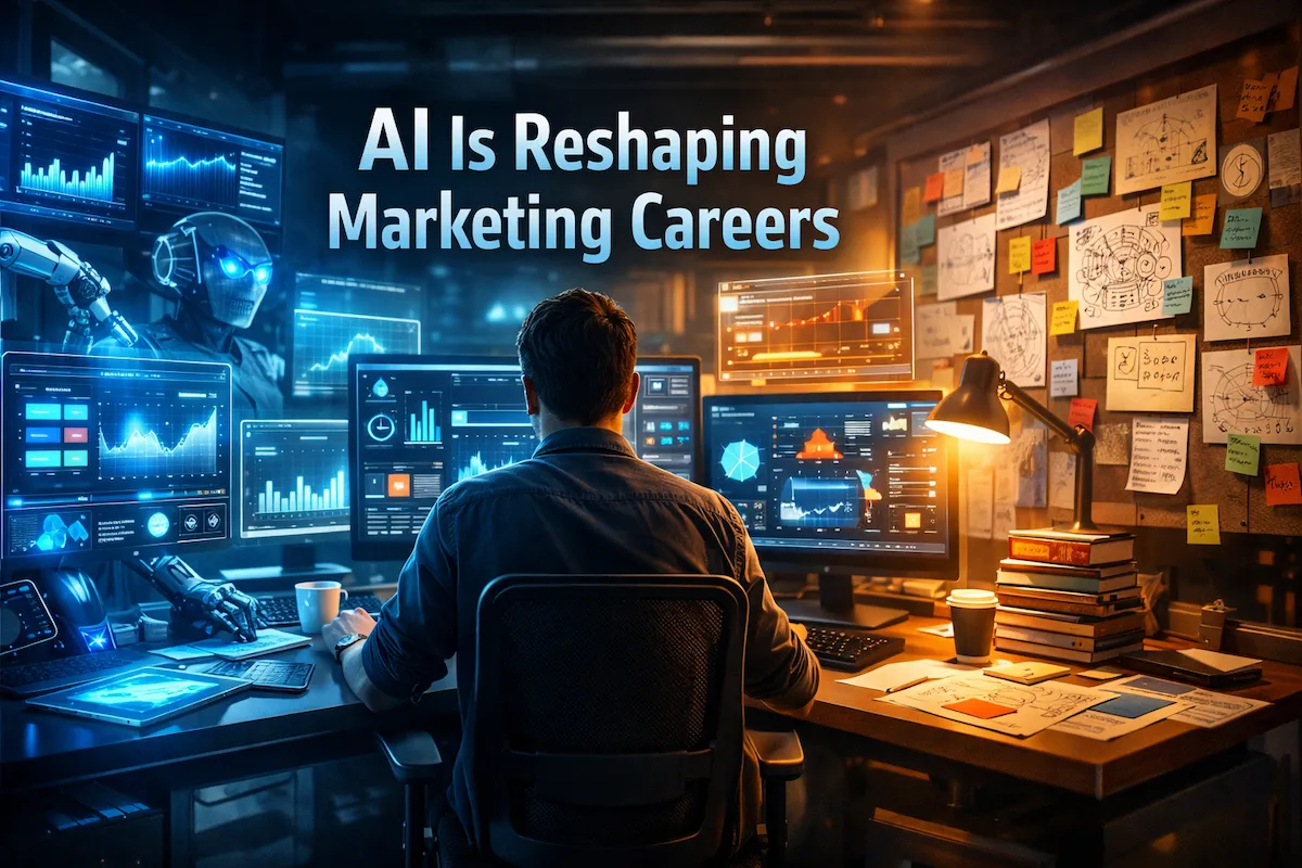 AI transforming digital marketing careers with human strategist and AI automation systems working together