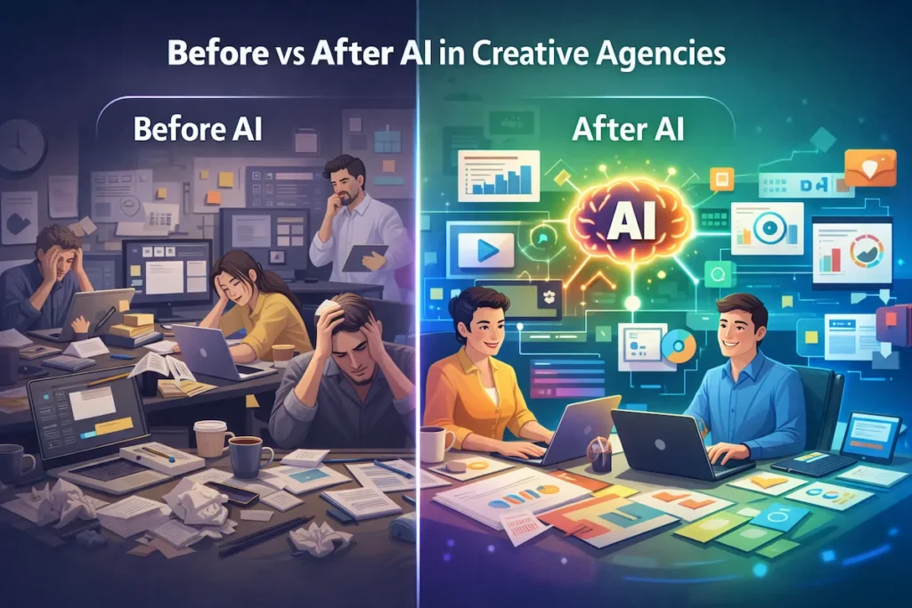 A before-and-after comparison showing impact of AI tools on creative agency productivity