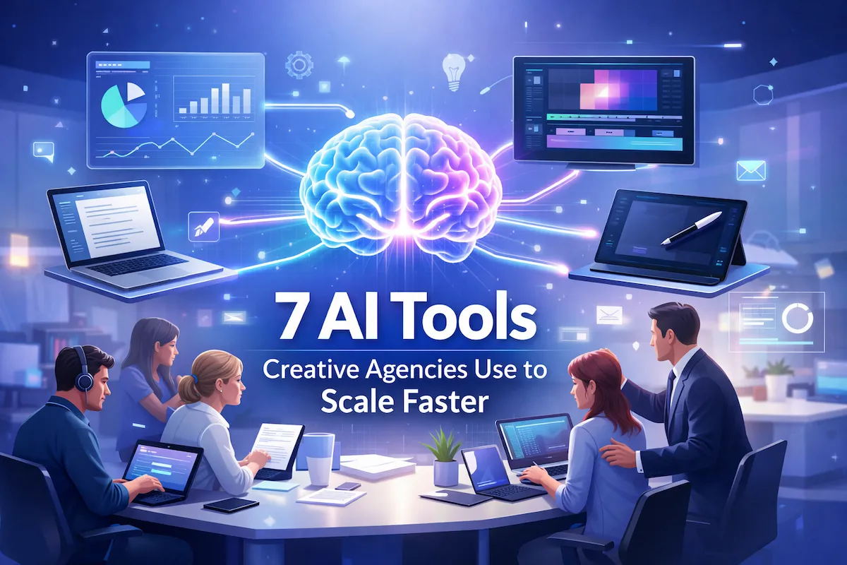 AI tools for creative agencies illustration showing automated workflows across design, writing, video, and marketing tasks