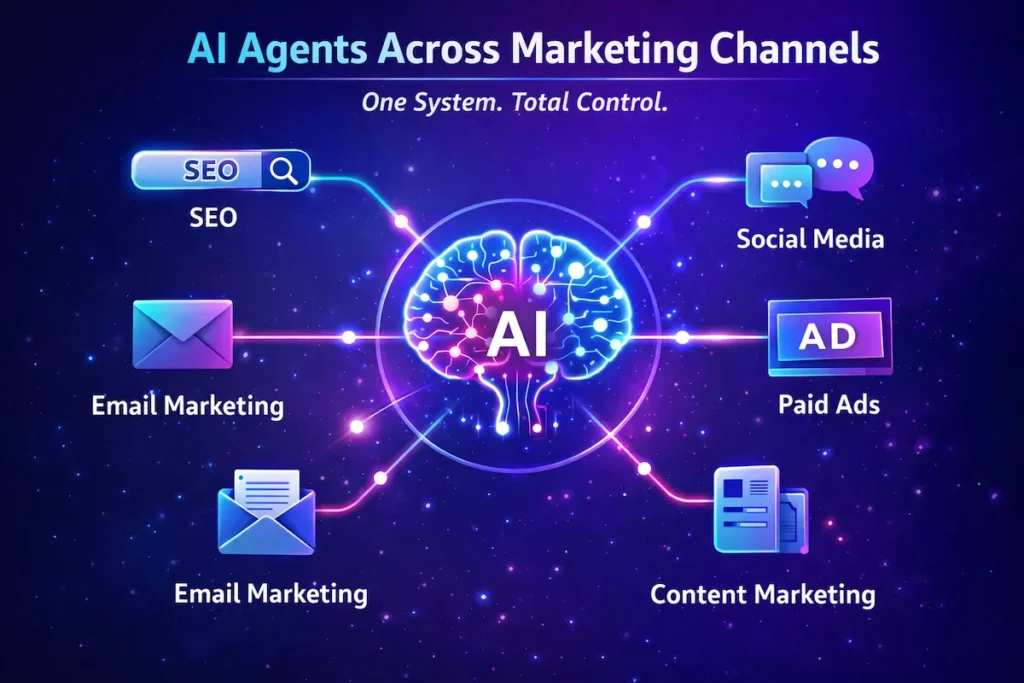 AI agents for digital marketing managing SEO email social media paid ads and content marketing from one system
