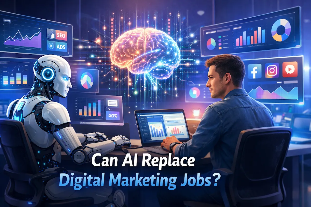 AI and human marketer collaborating on digital marketing analytics and automation tools