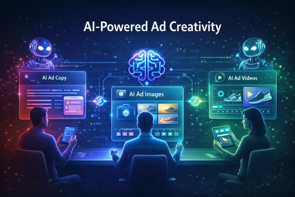 High-tech scene of AI generating ad creatives including copy, visuals, and video with designers overseeing the process.