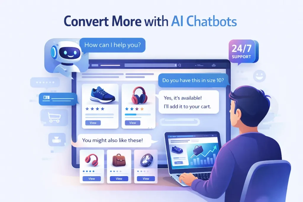 AI chatbot helping an online shopper with product recommendations and instant support
