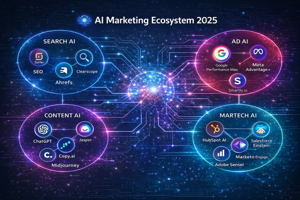Visual map of AI marketing tools ecosystem including content, ads, SEO, and martech platforms