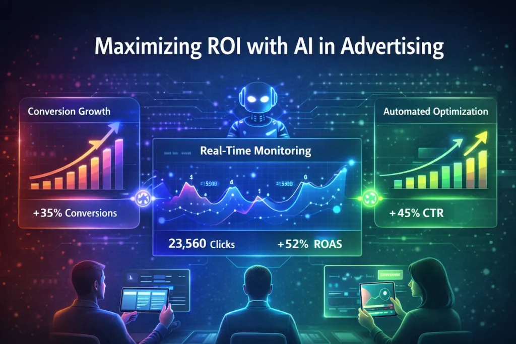 Illustration of AI-driven advertising analytics showing real-time ROI, graphs, and optimization signals on a futuristic dashboard.