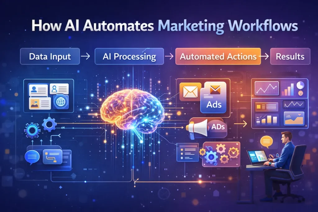 AI-driven marketing workflow diagram showing automation from data to campaign results