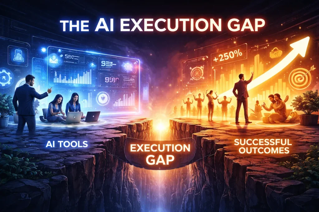Visualization of AI execution gap showing difference between AI tools and successful marketing outcomes