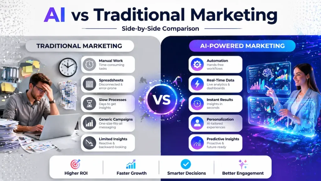 Comparison between traditional marketing and AI-powered marketing showing automation and efficiency differences