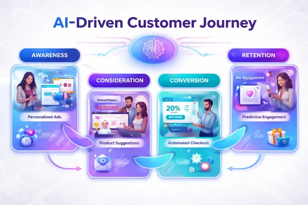 AI-driven customer journey map showing personalized marketing stages from awareness to retention