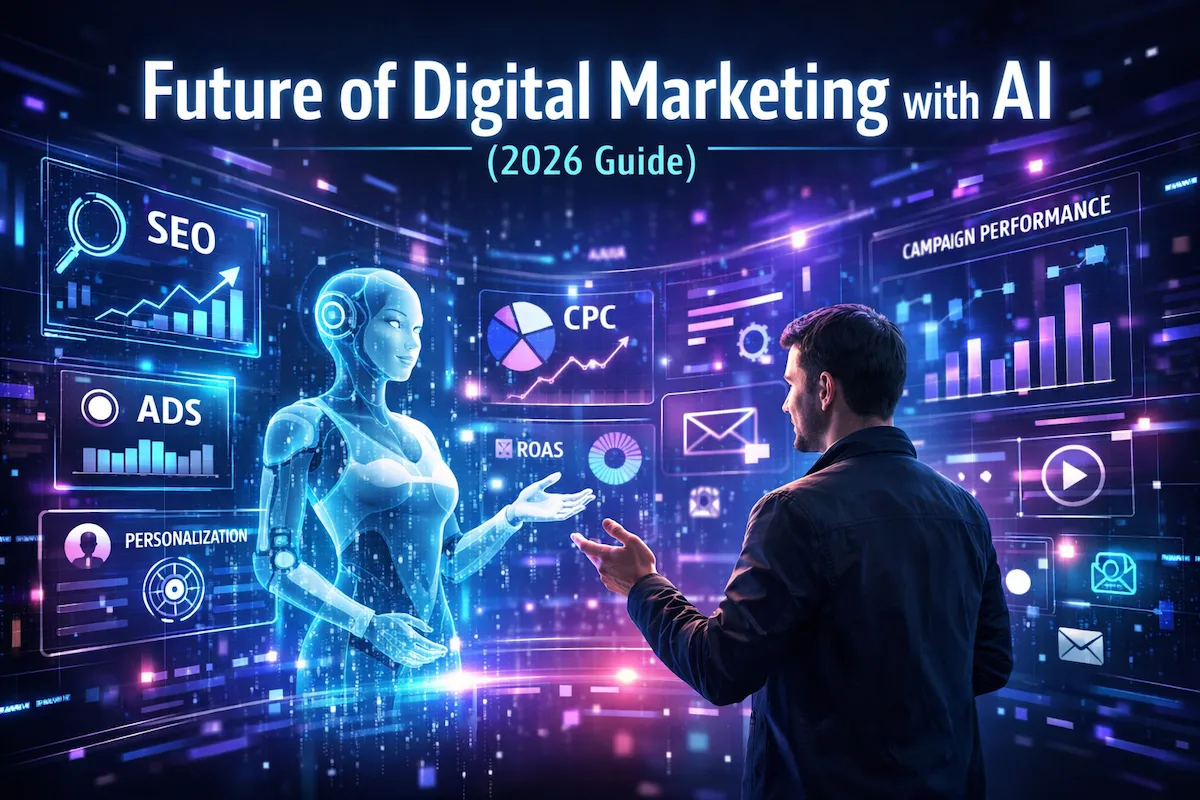 Futuristic AI digital marketing concept with analytics dashboard, automation, and personalization visuals for 2026