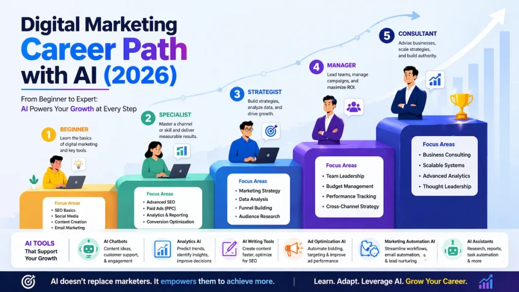 Career growth path showing how digital marketers progress with AI tools from beginner to expert roles