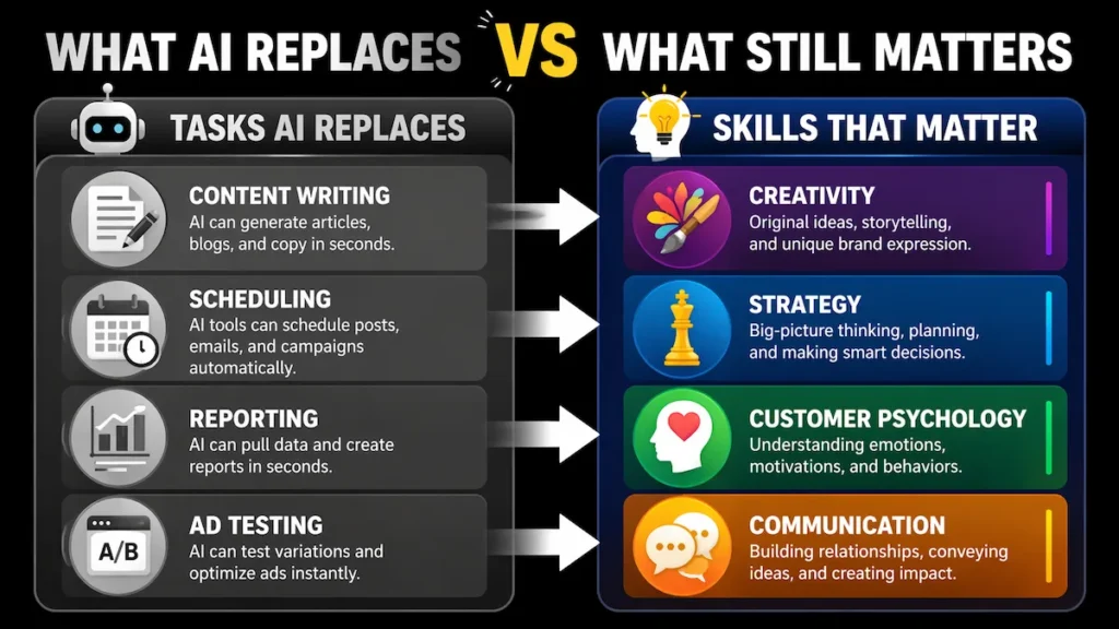 Comparison of AI automated marketing tasks and human skills required in digital marketing careers