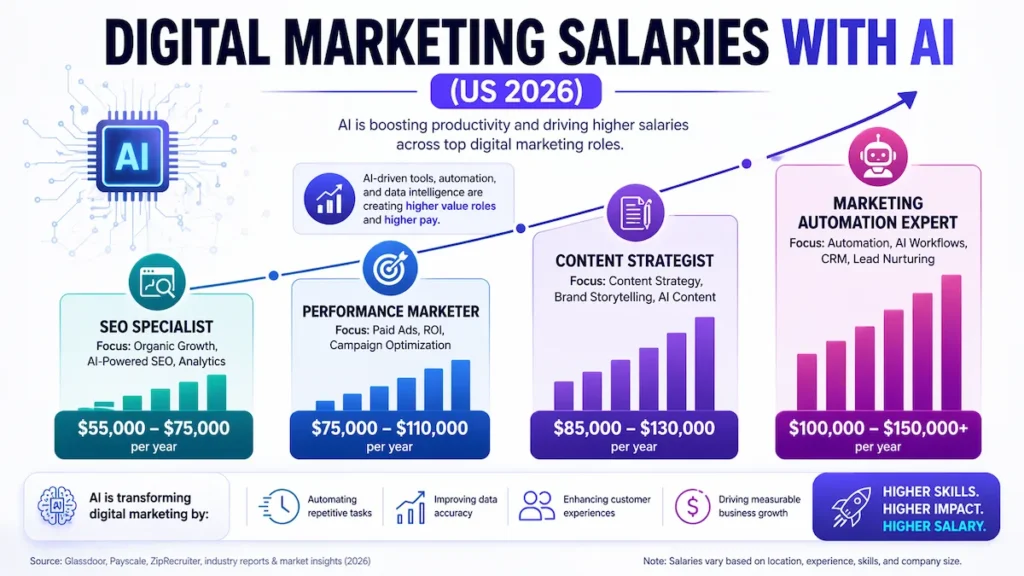 Infographic showing salary ranges for digital marketing jobs in the US with AI influence