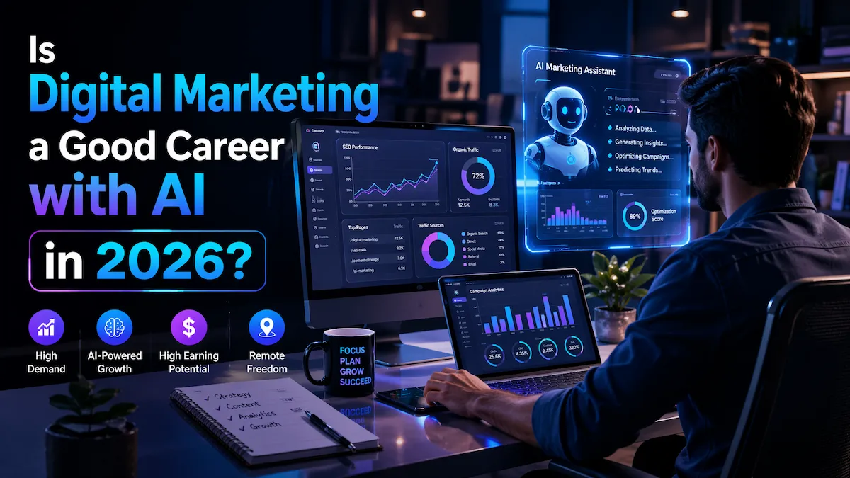 Digital marketer using AI tools and analytics dashboards to manage campaigns in a modern workspace representing digital marketing careers in 2026