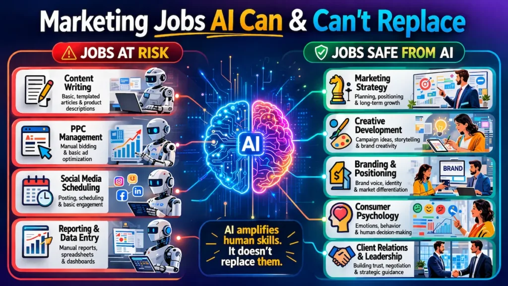 Infographic showing digital marketing jobs at risk from AI and jobs safe from automation