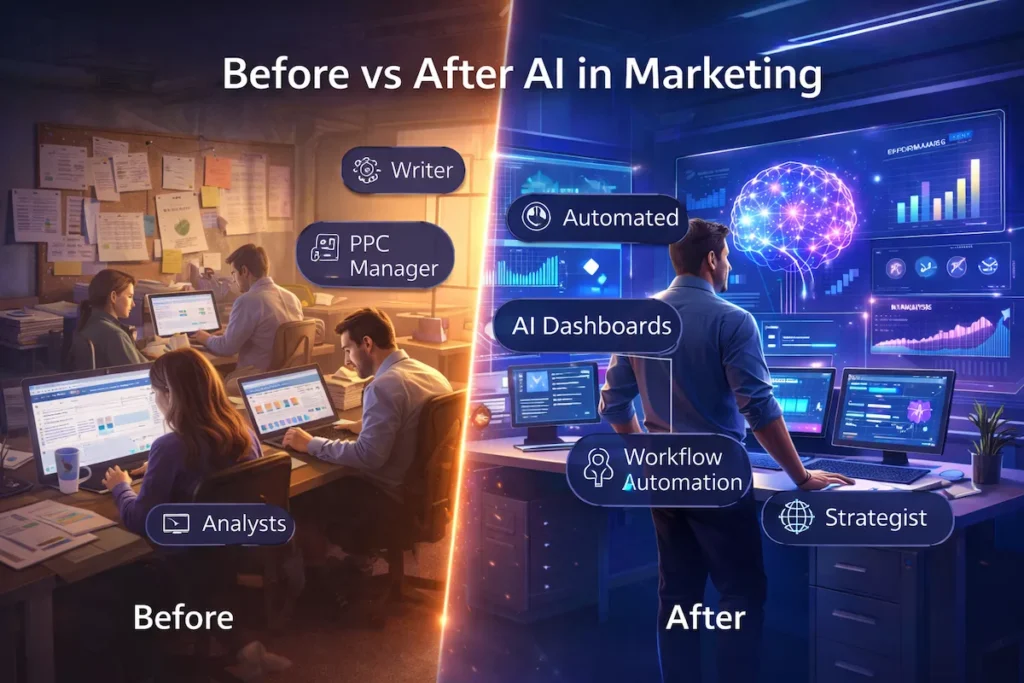 Comparison of traditional marketing team vs AI-powered lean marketing team structure